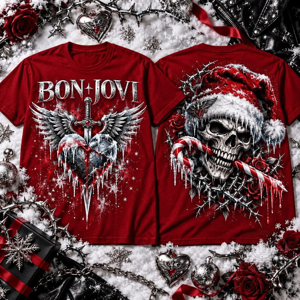 Bon Jovi Frozen Heart Christmas Skull Rock Band Music Fan T-Shirt